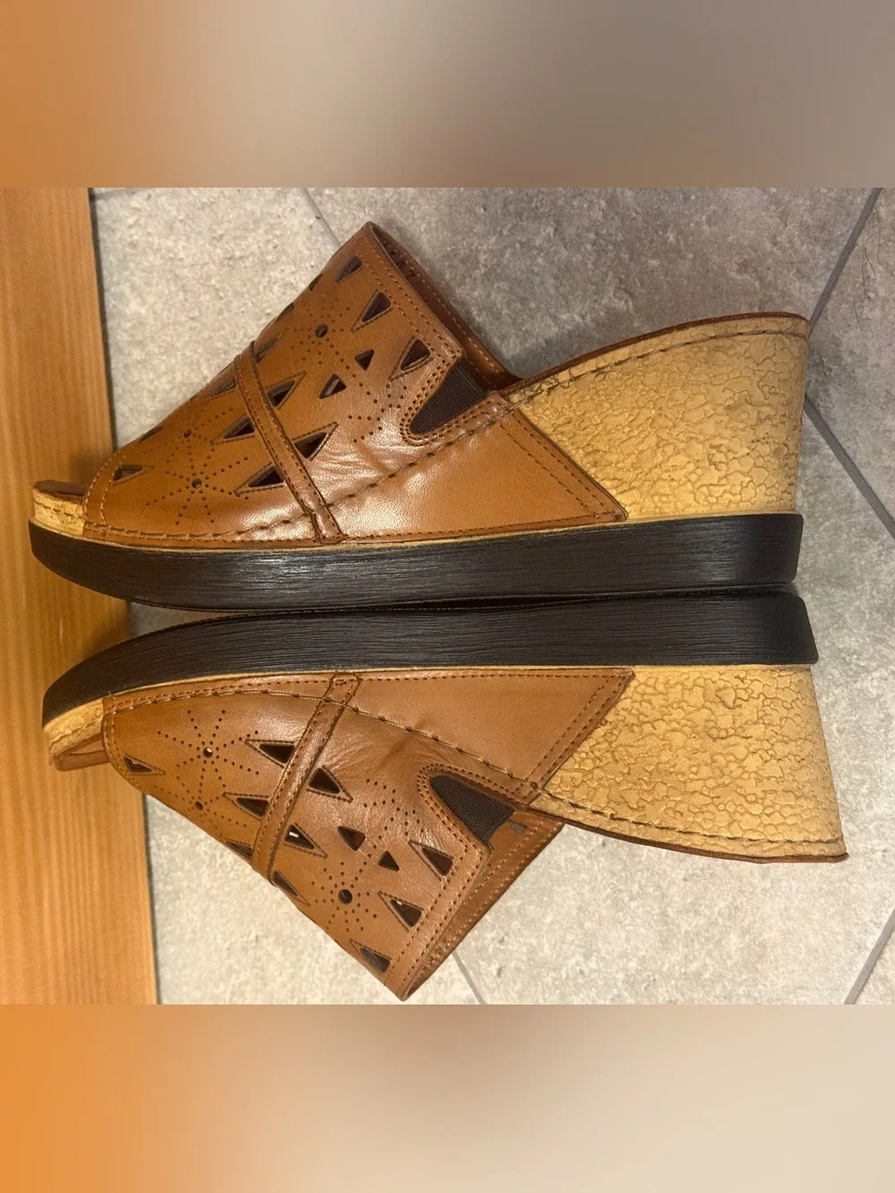SpringStep NEW Fusawedge Brown Leather Cut Out Cork Sole Wedge Sandals 41/9.5-10